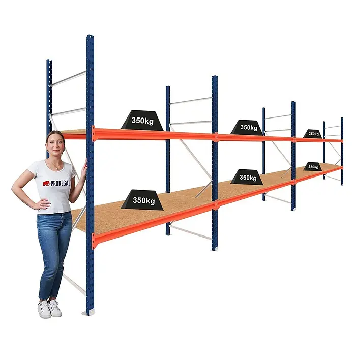 Proregal Schwerlastregal DOMINUS 3er Set mit Spanplatten - H x B x T: 300 x 195 x 100 cm, Traglast pro Boden: 350 kg, Anzahl Böden: 2 Stk., Stecken, Blau/Orange