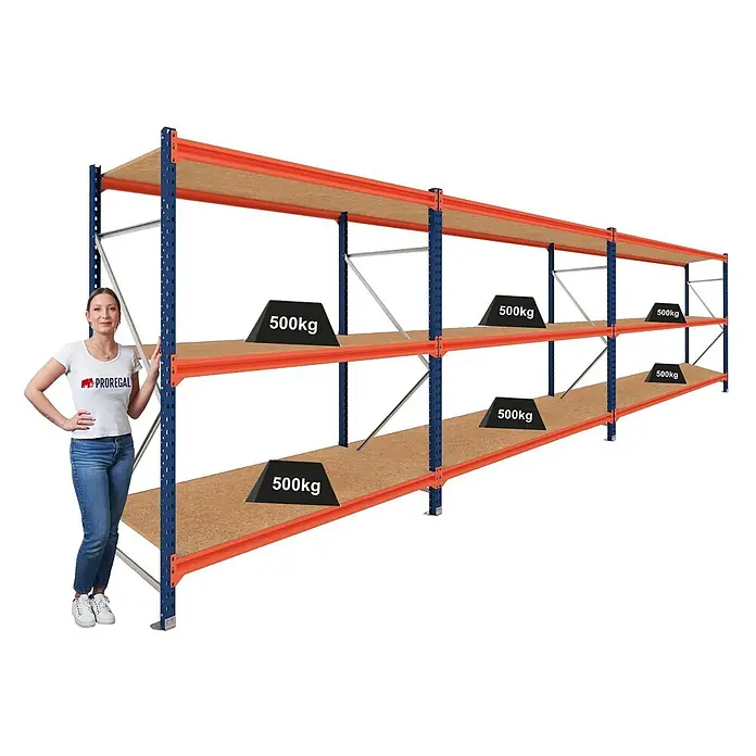 Proregal Schwerlastregal DOMINUS 3er Set mit Spanplatten - H x B x T: 300 x 150 x 100 cm, Traglast pro Boden: 500 kg, Anzahl Böden: 3 Stk., Stecken, Blau/Orange