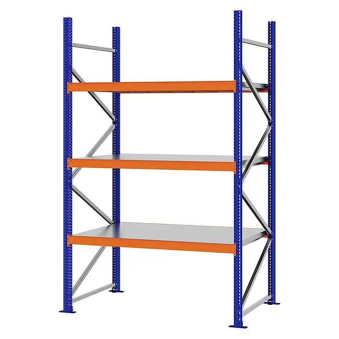 Proregal Schwerlastregal Weitspannregal MAGNUS PRO mit Stahlboden - H x B x T: 250 x 150 x 80 cm, Traglast pro Boden: 750 kg, Anzahl Böden: 3 Stk., Schrauben, Blau-Orange