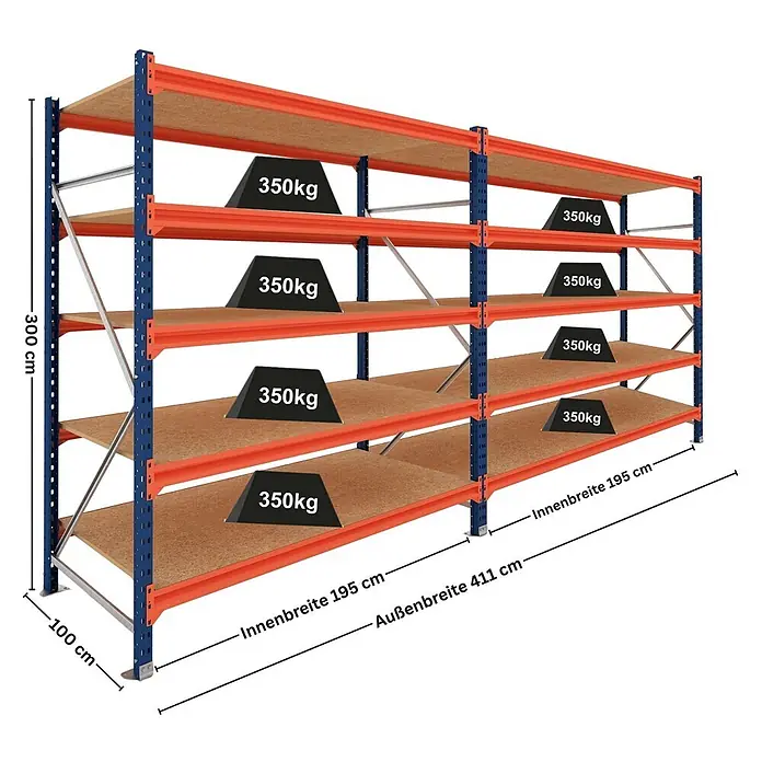 Proregal Schwerlastregal DOMINUS 2er Set mit Spanplatten - H x B x T: 300 x 195 x 100 cm, Traglast pro Boden: 350 kg, Anzahl Böden: 5 Stk., Stecken, Blau/Orange