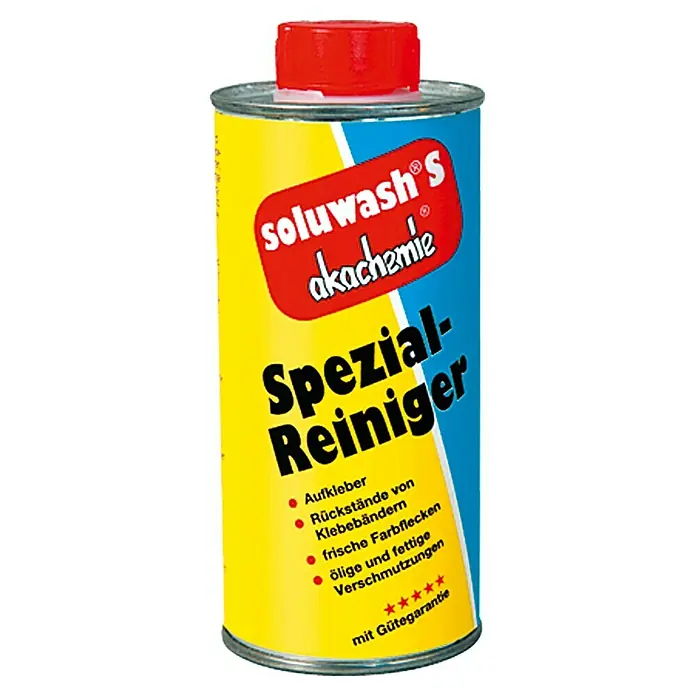 Akachemie Spezialreiniger Soluwash S - Etikettenentferner, 250 ml - Soluwash Spezial-Reiniger. Für Aufkleber, Klebereste, Farbflecken und ölige Verschmutzungen. Mit Gütegarantie für beste Reinigungsergebnisse.