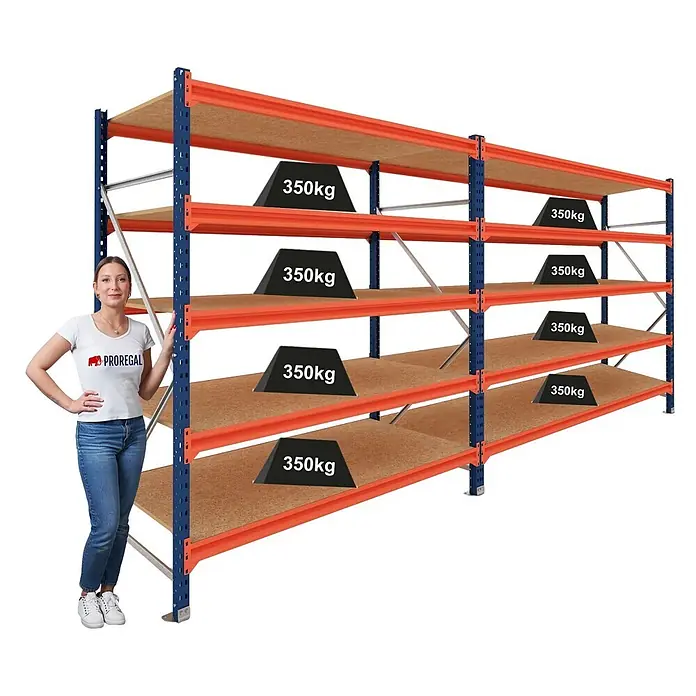 Proregal Schwerlastregal DOMINUS 2er Set mit Spanplatten - H x B x T: 300 x 195 x 100 cm, Traglast pro Boden: 350 kg, Anzahl Böden: 5 Stk., Stecken, Blau/Orange