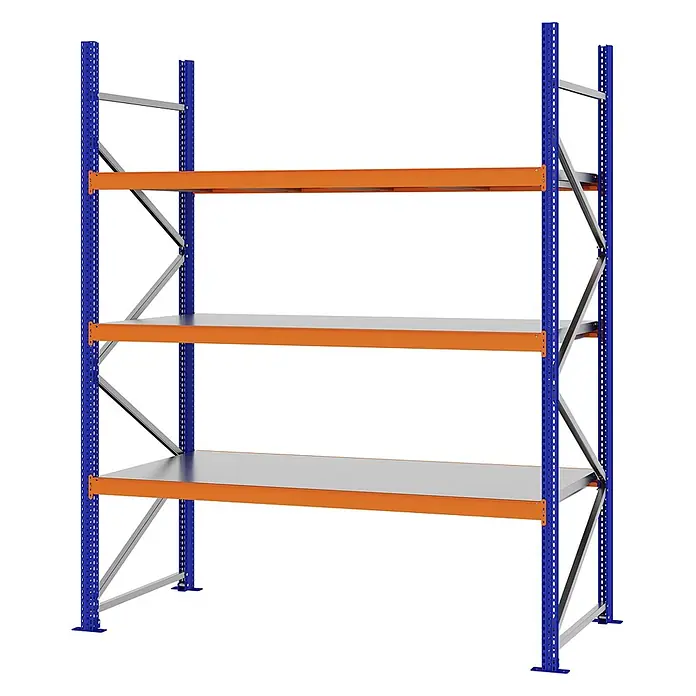 Proregal Schwerlastregal Weitspannregal MAGNUS PRO mit Stahlboden - H x B x T: 250 x 200 x 80 cm, Traglast pro Boden: 600 kg, Anzahl Böden: 3 Stk., Schrauben, Blau-Orange