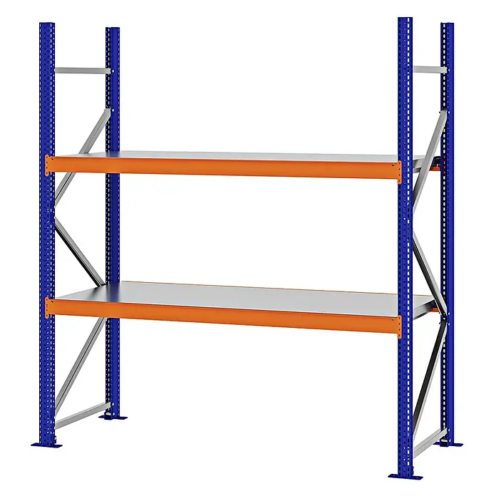 Proregal Schwerlastregal Weitspannregal MAGNUS PRO mit Stahlboden - H x B x T: 200 x 175 x 60 cm, Traglast pro Boden: 700 kg, Anzahl Böden: 2 Stk., Schrauben, Blau-Orange