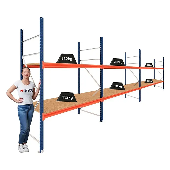 Proregal Schwerlastregal DOMINUS 3er Set mit Spanplatten - H x B x T: 300 x 240 x 80 cm, Traglast pro Boden: 332 kg, Anzahl Böden: 2 Stk., Stecken, Blau/Orange