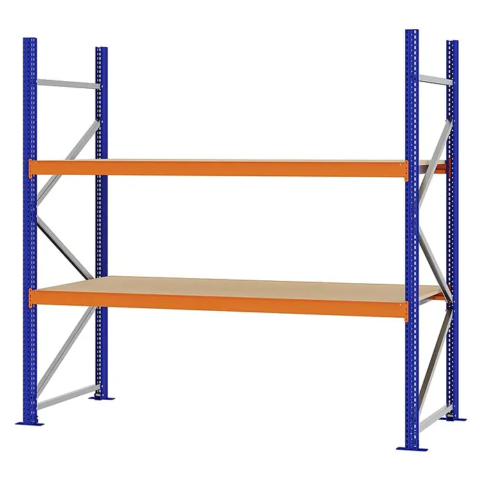 Proregal Schwerlastregal Weitspannregal MAGNUS PRO mit Spanplatten - H x B x T: 200 x 200 x 80 cm, Traglast pro Boden: 600 kg, Anzahl Böden: 2 Stk., Schrauben, Blau-Orange