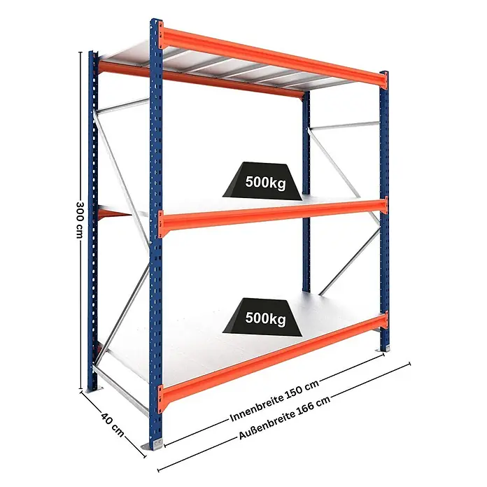 Proregal Schwerlastregal Grundregal DOMINUS mit Stahlplatten - H x B x T: 300 x 150 x 40 cm, Traglast pro Boden: 500 kg, Anzahl Böden: 3 Stk., Stecken, Blau/Orange