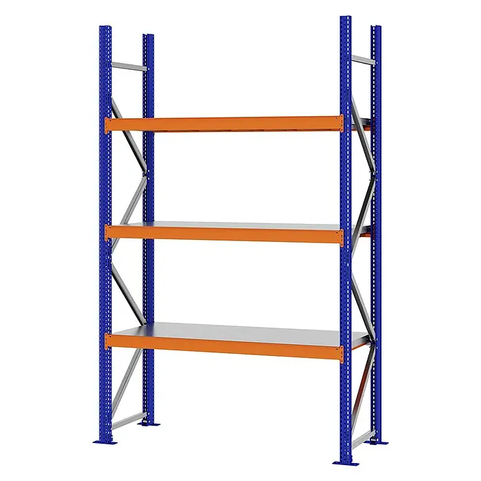 Proregal Schwerlastregal Weitspannregal MAGNUS PRO mit Stahlboden - H x B x T: 250 x 150 x 50 cm, Traglast pro Boden: 750 kg, Anzahl Böden: 3 Stk., Schrauben, Blau-Orange