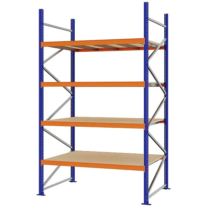 Proregal Schwerlastregal Weitspannregal MAGNUS PRO mit Spanplatten - H x B x T: 300 x 175 x 100 cm, Traglast pro Boden: 700 kg, Anzahl Böden: 4 Stk., Schrauben, Blau-Orange