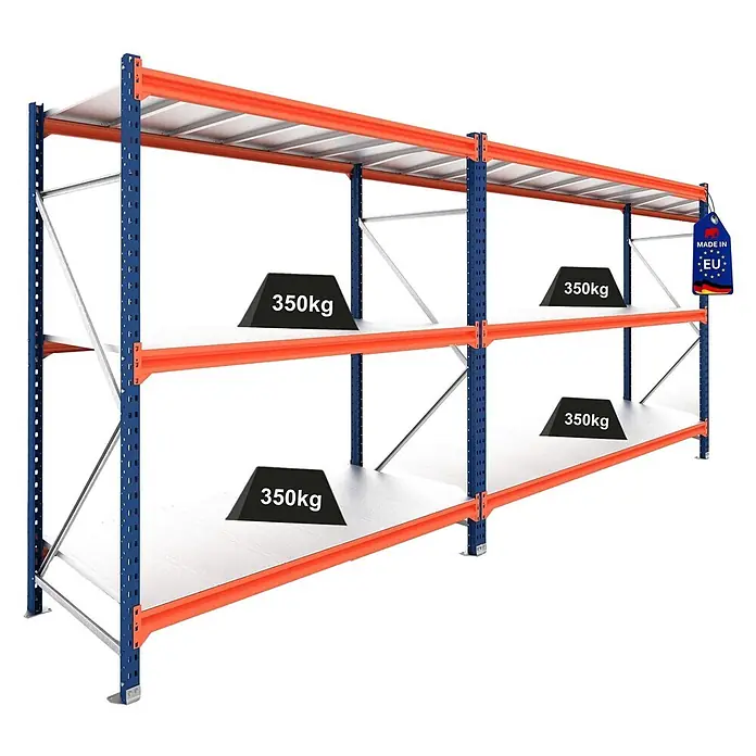 Proregal Schwerlastregal DOMINUS 2er Set mit Stahlplatten - H x B x T: 300 x 195 x 60 cm, Traglast pro Boden: 350 kg, Anzahl Böden: 3 Stk., Stecken, Blau/Orange
