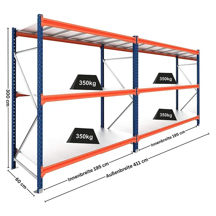 Proregal Schwerlastregal DOMINUS 2er Set mit Stahlplatten - H x B x T: 300 x 195 x 60 cm, Traglast pro Boden: 350 kg, Anzahl Böden: 3 Stk., Stecken, Blau/Orange