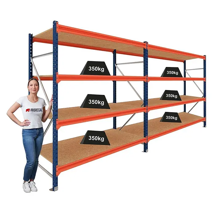 Proregal Schwerlastregal DOMINUS 2er Set mit Spanplatten - H x B x T: 300 x 195 x 80 cm, Traglast pro Boden: 350 kg, Anzahl Böden: 4 Stk., Stecken, Blau/Orange