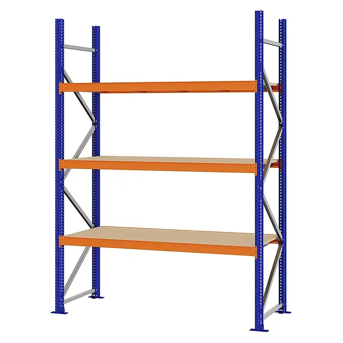 Proregal Schwerlastregal Weitspannregal MAGNUS PRO mit Spanplatten - H x B x T: 250 x 175 x 60 cm, Traglast pro Boden: 700 kg, Anzahl Böden: 3 Stk., Schrauben, Blau-Orange
