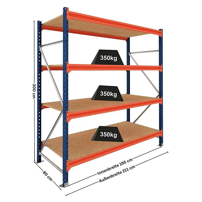 Proregal Schwerlastregal Grundregal DOMINUS mit Spanplatten - H x B x T: 300 x 195 x 80 cm, Traglast pro Boden: 350 kg, Anzahl Böden: 4 Stk., Stecken, Blau/Orange