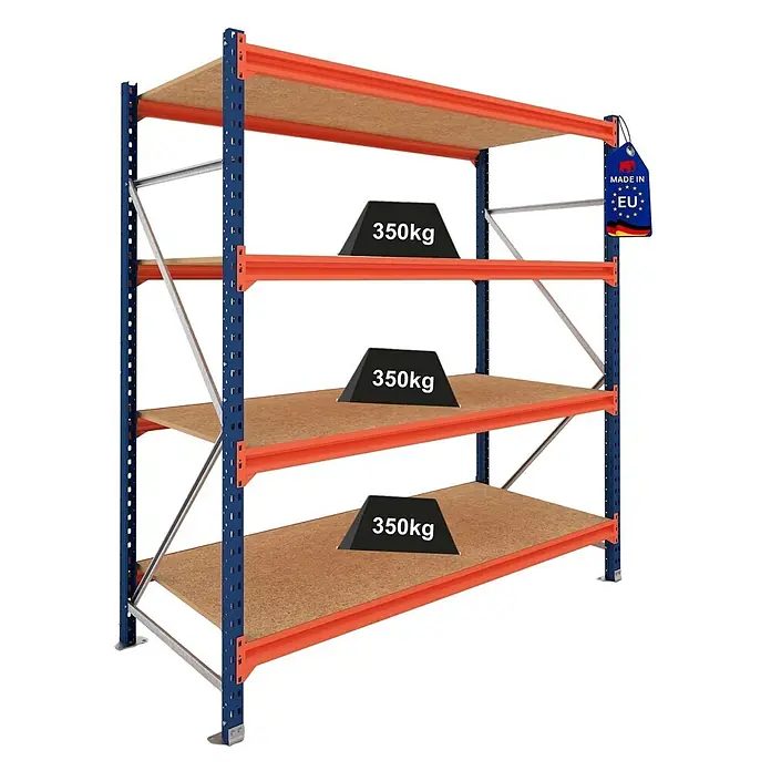 Proregal Schwerlastregal Grundregal DOMINUS mit Spanplatten - H x B x T: 300 x 195 x 80 cm, Traglast pro Boden: 350 kg, Anzahl Böden: 4 Stk., Stecken, Blau/Orange