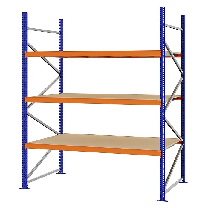 Proregal Schwerlastregal Weitspannregal MAGNUS PRO mit Spanplatten - H x B x T: 250 x 200 x 100 cm, Traglast pro Boden: 600 kg, Anzahl Böden: 3 Stk., Schrauben, Blau-Orange