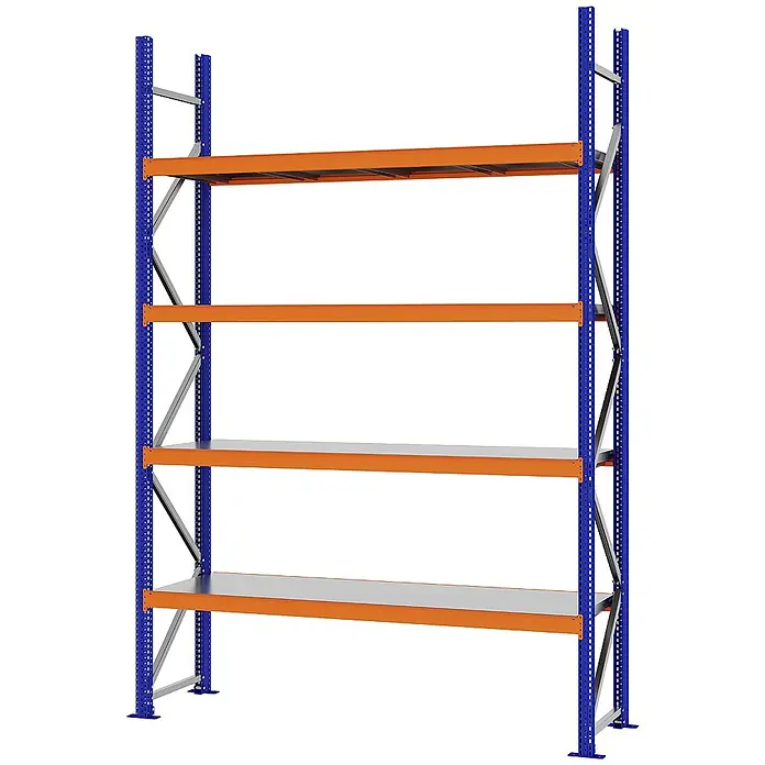 Proregal Schwerlastregal Weitspannregal MAGNUS PRO mit Stahlboden - H x B x T: 300 x 200 x 50 cm, Traglast pro Boden: 600 kg, Anzahl Böden: 4 Stk., Schrauben, Blau-Orange