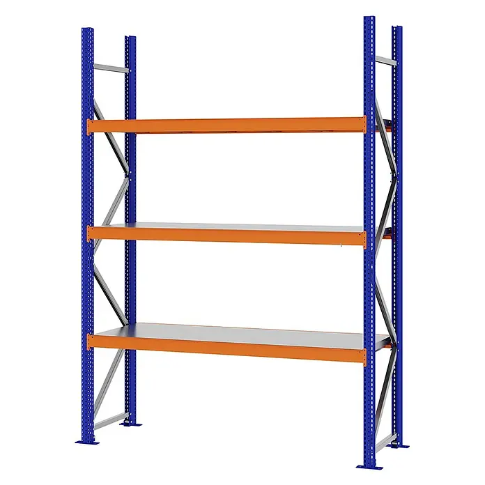Proregal Schwerlastregal Weitspannregal MAGNUS PRO mit Stahlboden - H x B x T: 250 x 175 x 50 cm, Traglast pro Boden: 700 kg, Anzahl Böden: 3 Stk., Schrauben, Blau-Orange