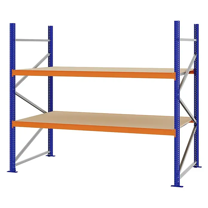 Proregal Schwerlastregal Weitspannregal MAGNUS PRO mit Spanplatten - H x B x T: 200 x 225 x 100 cm, Traglast pro Boden: 520 kg, Anzahl Böden: 2 Stk., Schrauben, Blau-Orange