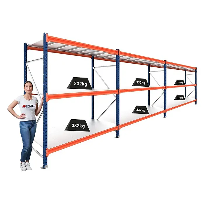 Proregal Schwerlastregal DOMINUS 3er Set mit Stahlplatten - H x B x T: 300 x 240 x 60 cm, Traglast pro Boden: 332 kg, Anzahl Böden: 3 Stk., Stecken, Blau/Orange