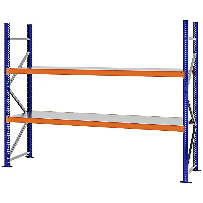 Proregal Schwerlastregal Weitspannregal MAGNUS PRO mit Stahlboden - H x B x T: 200 x 250 x 60 cm, Traglast pro Boden: 430 kg, Anzahl Böden: 2 Stk., Schrauben, Blau-Orange