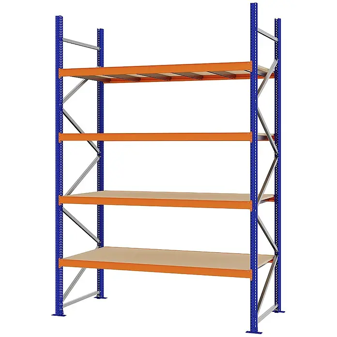 Proregal Schwerlastregal Weitspannregal MAGNUS PRO mit Spanplatten - H x B x T: 300 x 200 x 80 cm, Traglast pro Boden: 600 kg, Anzahl Böden: 4 Stk., Schrauben, Blau-Orange