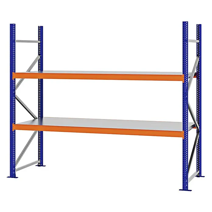 Proregal Schwerlastregal Weitspannregal MAGNUS PRO mit Stahlboden - H x B x T: 200 x 225 x 80 cm, Traglast pro Boden: 520 kg, Anzahl Böden: 2 Stk., Schrauben, Blau-Orange