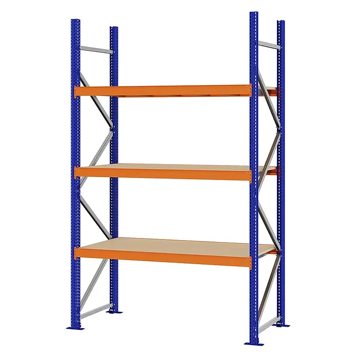 Proregal Schwerlastregal Weitspannregal MAGNUS PRO mit Spanplatten - H x B x T: 250 x 150 x 60 cm, Traglast pro Boden: 750 kg, Anzahl Böden: 3 Stk., Schrauben, Blau-Orange