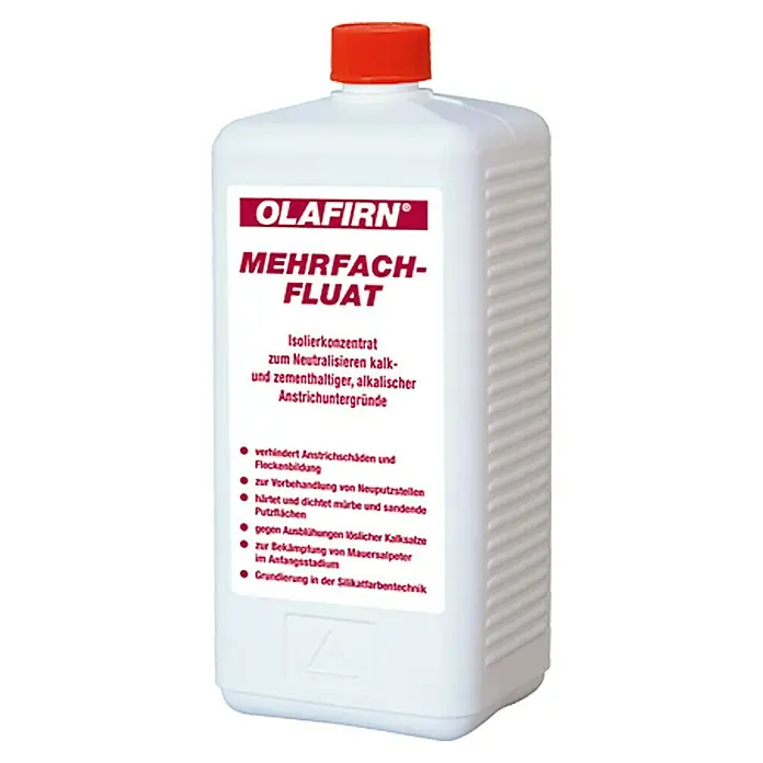 Isolierfarbe OLAFIRN - 1 l, Farblos - Produktbild eines OLAFIRN MEHRFACH-FLUAT Isolierkonzentrats in einer weißen Kunststoffflasche mit rotem Verschluss.