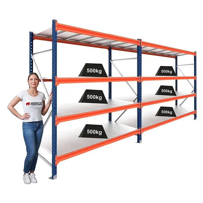 Proregal Schwerlastregal DOMINUS 2er Set mit Stahlplatten - H x B x T: 300 x 150 x 60 cm, Traglast pro Boden: 500 kg, Anzahl Böden: 4 Stk., Stecken, Blau/Orange