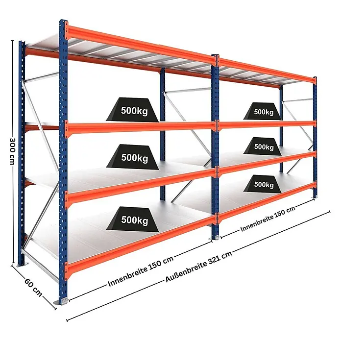 Proregal Schwerlastregal DOMINUS 2er Set mit Stahlplatten - H x B x T: 300 x 150 x 60 cm, Traglast pro Boden: 500 kg, Anzahl Böden: 4 Stk., Stecken, Blau/Orange