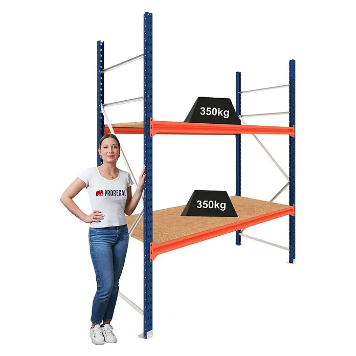 Proregal Schwerlastregal Grundregal DOMINUS mit Spanplatten - H x B x T: 300 x 195 x 40 cm, Traglast pro Boden: 350 kg, Anzahl Böden: 2 Stk., Stecken, Blau/Orange