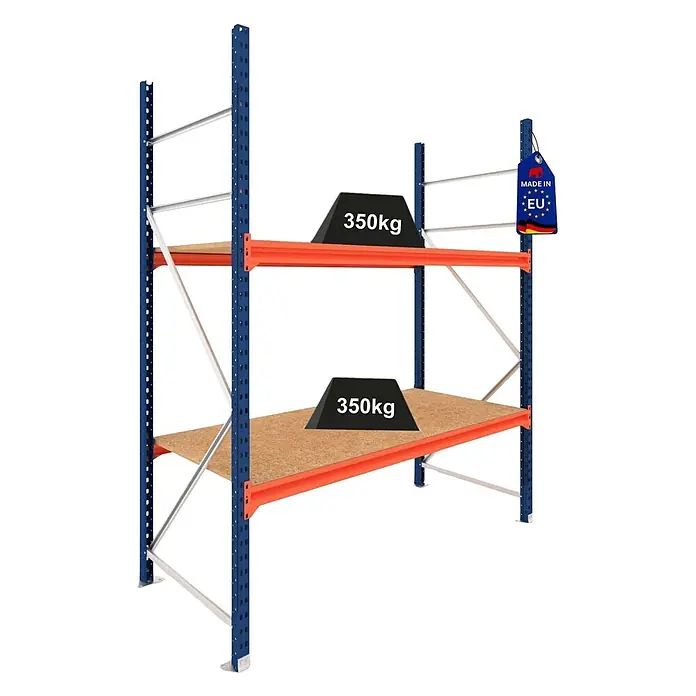 Proregal Schwerlastregal Grundregal DOMINUS mit Spanplatten - H x B x T: 300 x 195 x 40 cm, Traglast pro Boden: 350 kg, Anzahl Böden: 2 Stk., Stecken, Blau/Orange