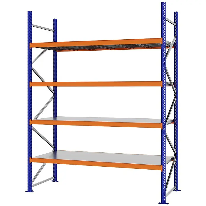 Proregal Schwerlastregal Weitspannregal MAGNUS PRO mit Stahlboden - H x B x T: 300 x 225 x 80 cm, Traglast pro Boden: 520 kg, Anzahl Böden: 4 Stk., Schrauben, Blau-Orange