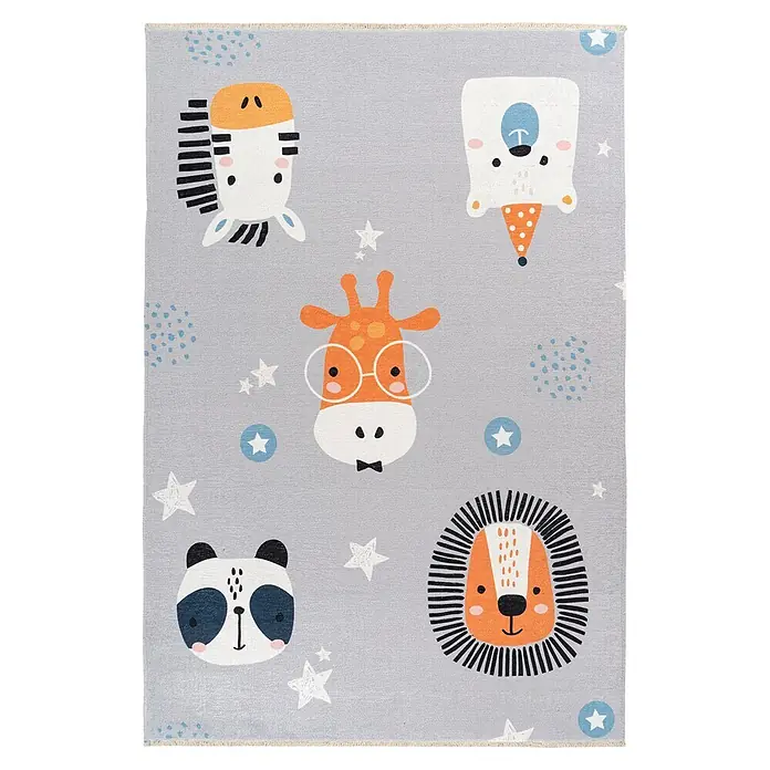 Kayoom Kinderteppich Joanna 613 - Multi, 170 x 115 cm, 70 % Baumwolle, 30 % Polyester - Grauer Kinderteppich mit niedlichen Cartoon-Tiergesichtern (Zebra, Bär, Giraffe, Panda, Löwe) und Sternen.