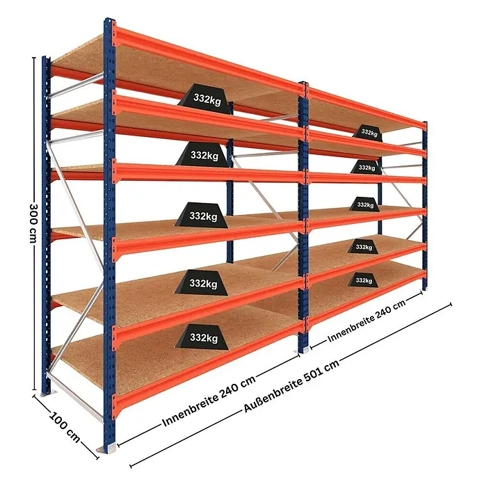 Proregal Schwerlastregal DOMINUS 2er Set mit Spanplatten - H x B x T: 300 x 240 x 100 cm, Traglast pro Boden: 332 kg, Anzahl Böden: 6 Stk., Stecken, Blau/Orange