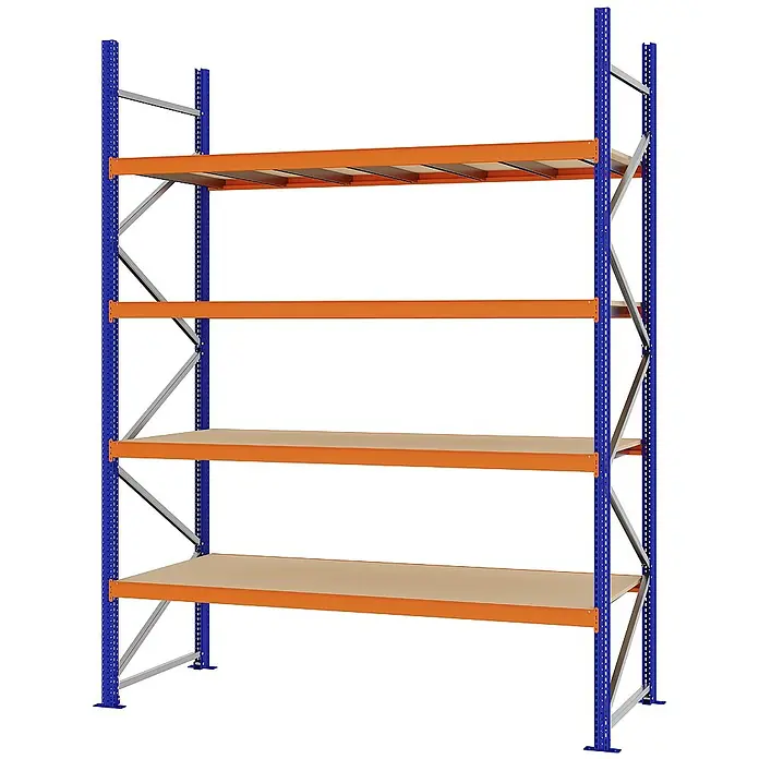 Proregal Schwerlastregal Weitspannregal MAGNUS PRO mit Spanplatten - H x B x T: 300 x 225 x 80 cm, Traglast pro Boden: 520 kg, Anzahl Böden: 4 Stk., Schrauben, Blau-Orange