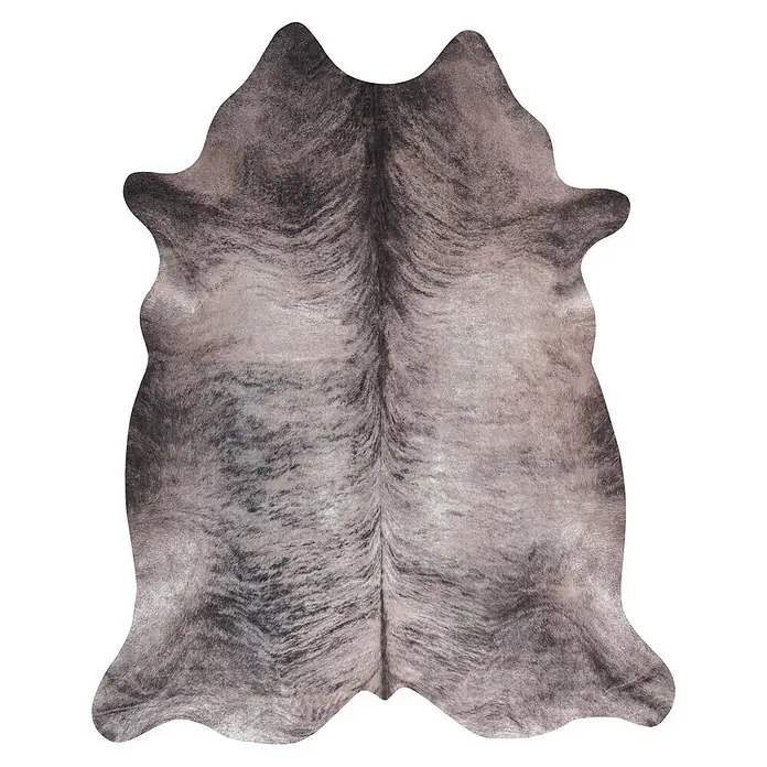 Kayoom Kunstfell Sanari 203 - Grau, 190 x 155 cm, 100 % Polyester - Brindle Kuhfell-Teppich in natürlicher, unregelmäßiger Form mit grau-braunen Markierungen.