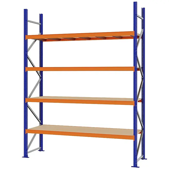 Proregal Schwerlastregal Weitspannregal MAGNUS PRO mit Spanplatten - H x B x T: 300 x 225 x 60 cm, Traglast pro Boden: 520 kg, Anzahl Böden: 4 Stk., Schrauben, Blau-Orange