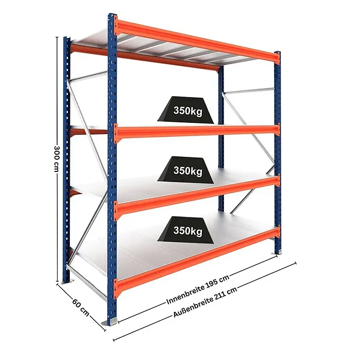Proregal Schwerlastregal Grundregal DOMINUS mit Stahlplatten - H x B x T: 300 x 195 x 60 cm, Traglast pro Boden: 350 kg, Anzahl Böden: 4 Stk., Stecken, Blau/Orange