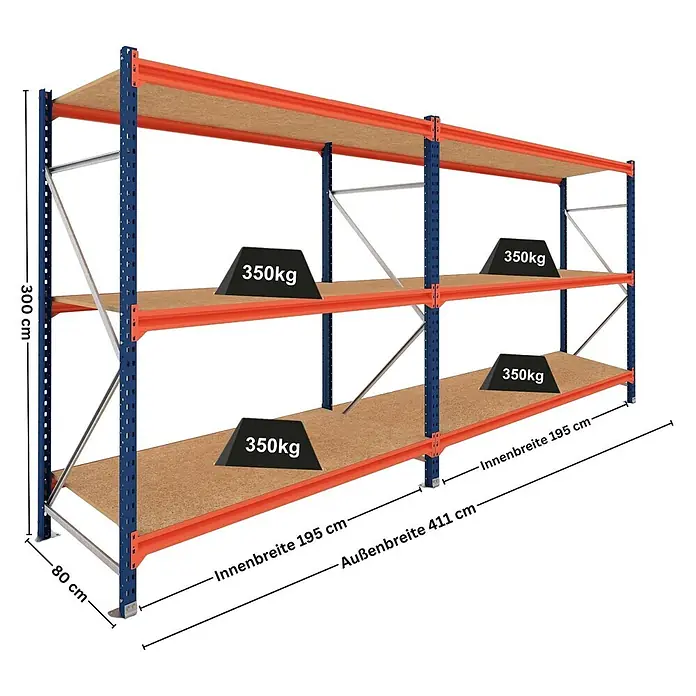 Proregal Schwerlastregal DOMINUS 2er Set mit Spanplatten - H x B x T: 300 x 195 x 80 cm, Traglast pro Boden: 350 kg, Anzahl Böden: 3 Stk., Stecken, Blau/Orange
