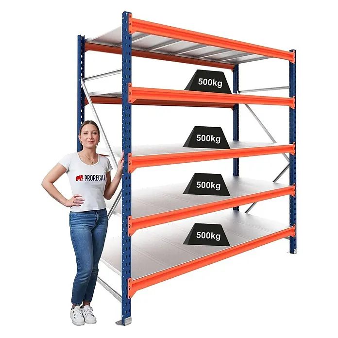 Proregal Schwerlastregal Grundregal DOMINUS mit Stahlplatten - H x B x T: 300 x 150 x 60 cm, Traglast pro Boden: 500 kg, Anzahl Böden: 5 Stk., Stecken, Blau/Orange