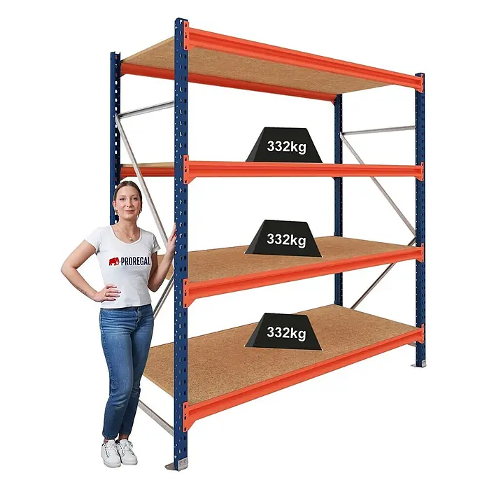 Proregal Schwerlastregal Grundregal DOMINUS mit Spanplatten - H x B x T: 300 x 240 x 40 cm, Traglast pro Boden: 332 kg, Anzahl Böden: 4 Stk., Stecken, Blau/Orange