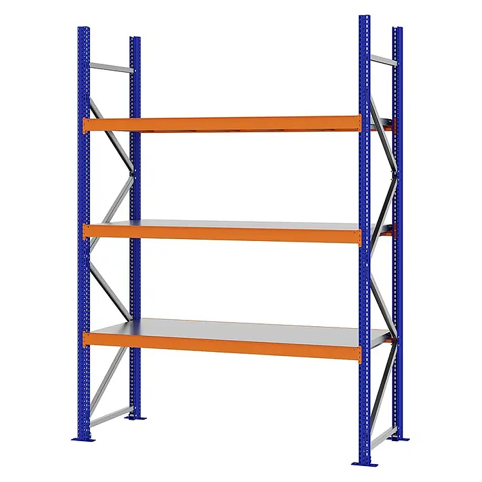 Proregal Schwerlastregal Weitspannregal MAGNUS PRO mit Stahlboden - H x B x T: 250 x 175 x 60 cm, Traglast pro Boden: 700 kg, Anzahl Böden: 3 Stk., Schrauben, Blau-Orange