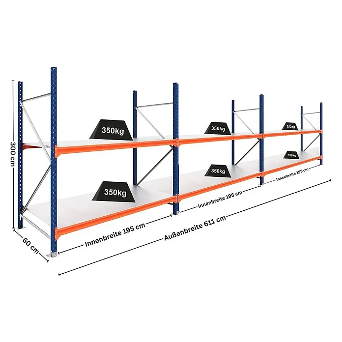 Proregal Schwerlastregal DOMINUS 3er Set mit Stahlplatten - H x B x T: 300 x 195 x 60 cm, Traglast pro Boden: 350 kg, Anzahl Böden: 2 Stk., Stecken, Blau/Orange