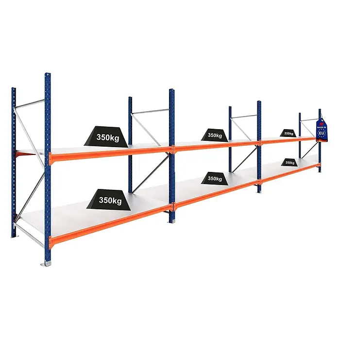 Proregal Schwerlastregal DOMINUS 3er Set mit Stahlplatten - H x B x T: 300 x 195 x 60 cm, Traglast pro Boden: 350 kg, Anzahl Böden: 2 Stk., Stecken, Blau/Orange