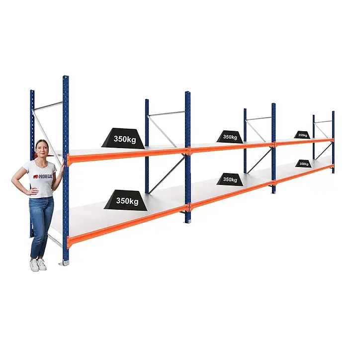 Proregal Schwerlastregal DOMINUS 3er Set mit Stahlplatten - H x B x T: 300 x 195 x 60 cm, Traglast pro Boden: 350 kg, Anzahl Böden: 2 Stk., Stecken, Blau/Orange