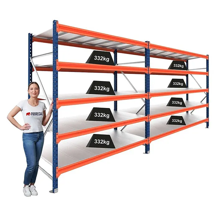 Proregal Schwerlastregal DOMINUS 2er Set mit Stahlplatten - H x B x T: 300 x 240 x 80 cm, Traglast pro Boden: 332 kg, Anzahl Böden: 5 Stk., Stecken, Blau/Orange