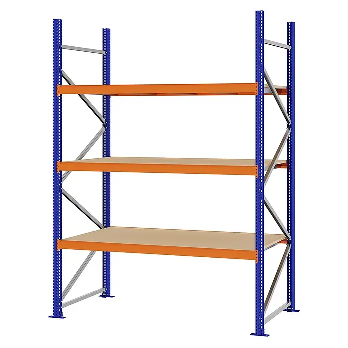 Proregal Schwerlastregal Weitspannregal MAGNUS PRO mit Spanplatten - H x B x T: 250 x 175 x 80 cm, Traglast pro Boden: 700 kg, Anzahl Böden: 3 Stk., Schrauben, Blau-Orange