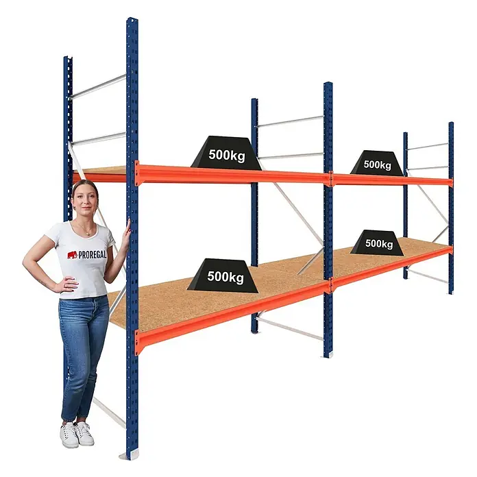 Proregal Schwerlastregal DOMINUS 2er Set mit Spanplatten - H x B x T: 300 x 150 x 60 cm, Traglast pro Boden: 500 kg, Anzahl Böden: 2 Stk., Stecken, Blau/Orange